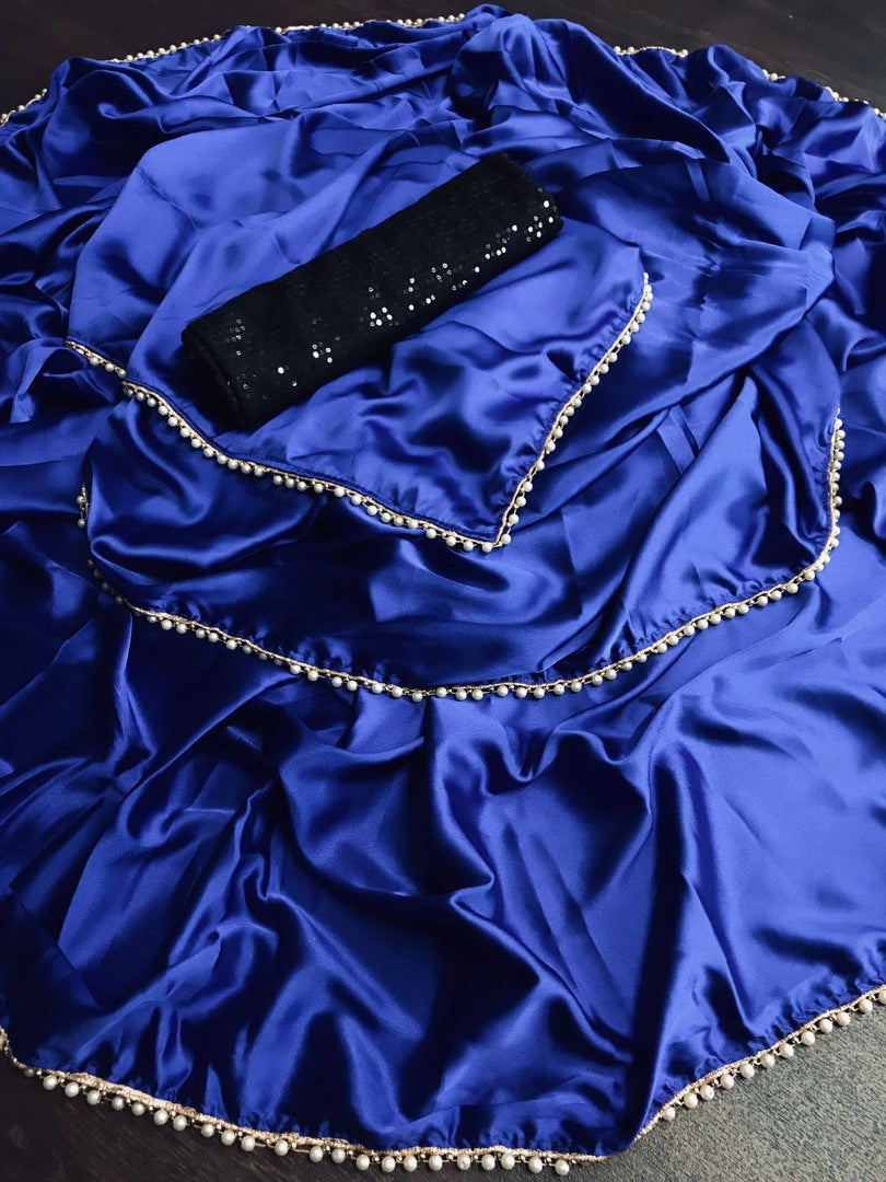 Royal Blue japan satin party wear saree with pearl lace with sequence work blouse