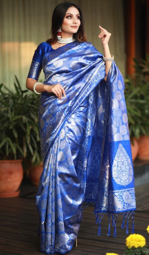Royal blue soft silk silver zari weaving work wedding saree