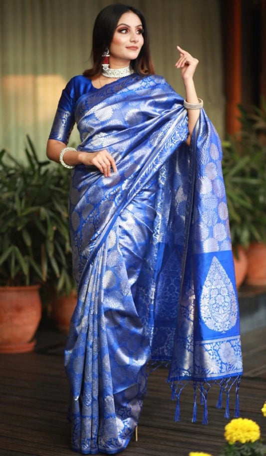 Royal blue soft silk silver zari weaving work wedding saree