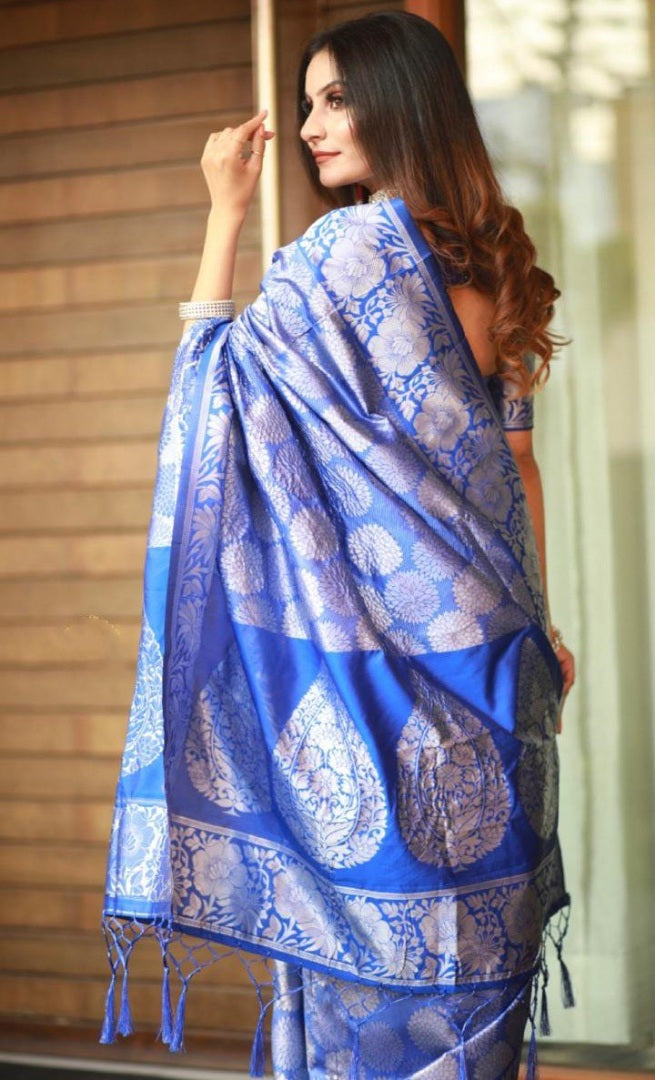 Royal blue soft silk silver zari weaving work wedding saree