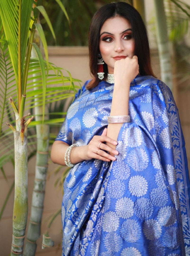 Royal blue soft silk silver zari weaving work wedding saree