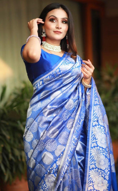 Royal blue soft silk silver zari weaving work wedding saree