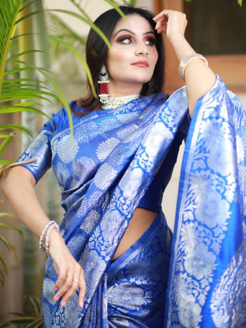 Royal blue soft silk silver zari weaving work wedding saree