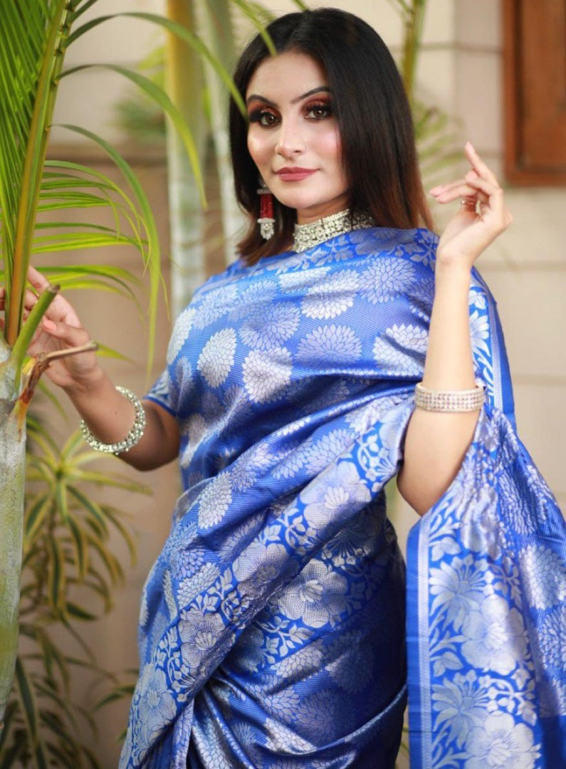 Royal blue soft silk silver zari weaving work wedding saree