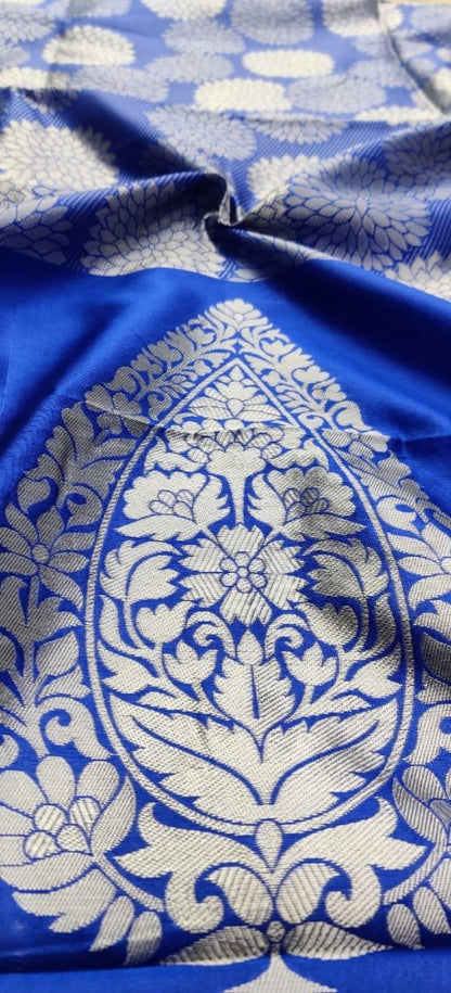 Royal blue soft silk silver zari weaving work wedding saree