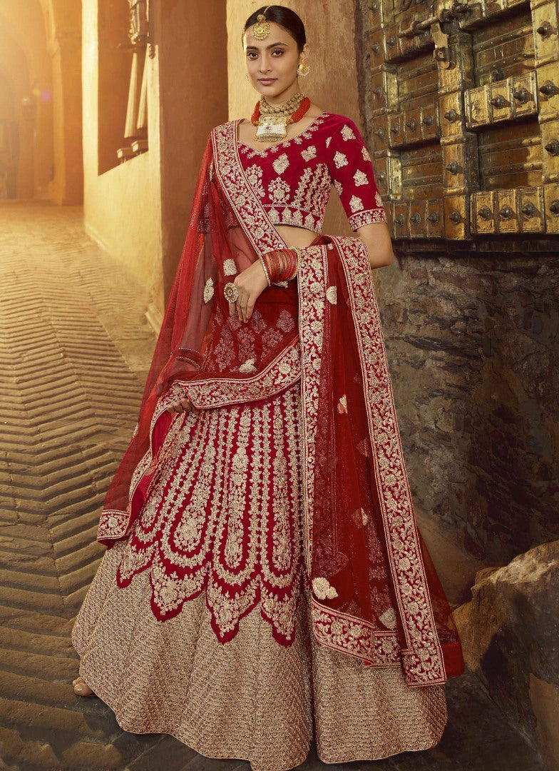 Royal red pure velvet zarkan zari work bridal heavy wedding lehenga choli