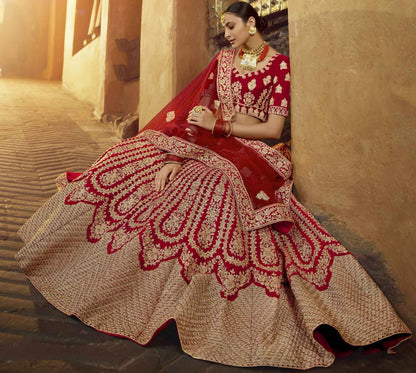 Royal red pure velvet zarkan zari work bridal heavy wedding lehenga choli