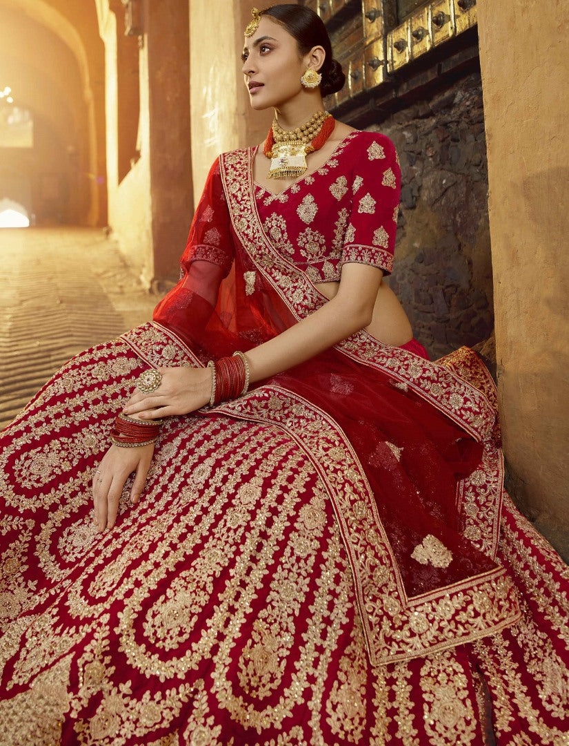 Royal red pure velvet zarkan zari work bridal heavy wedding lehenga choli