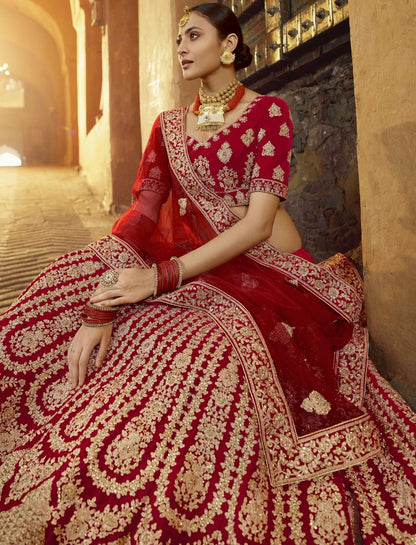 Royal red pure velvet zarkan zari work bridal heavy wedding lehenga choli