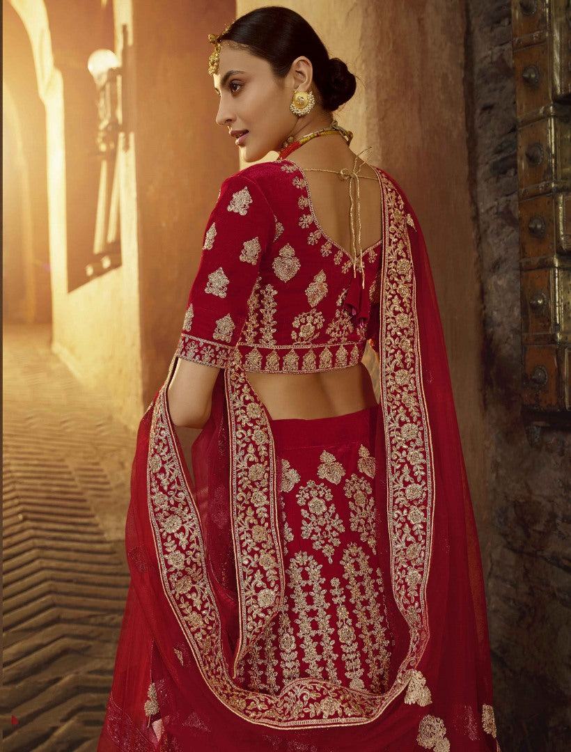 Royal red pure velvet zarkan zari work bridal heavy wedding lehenga choli