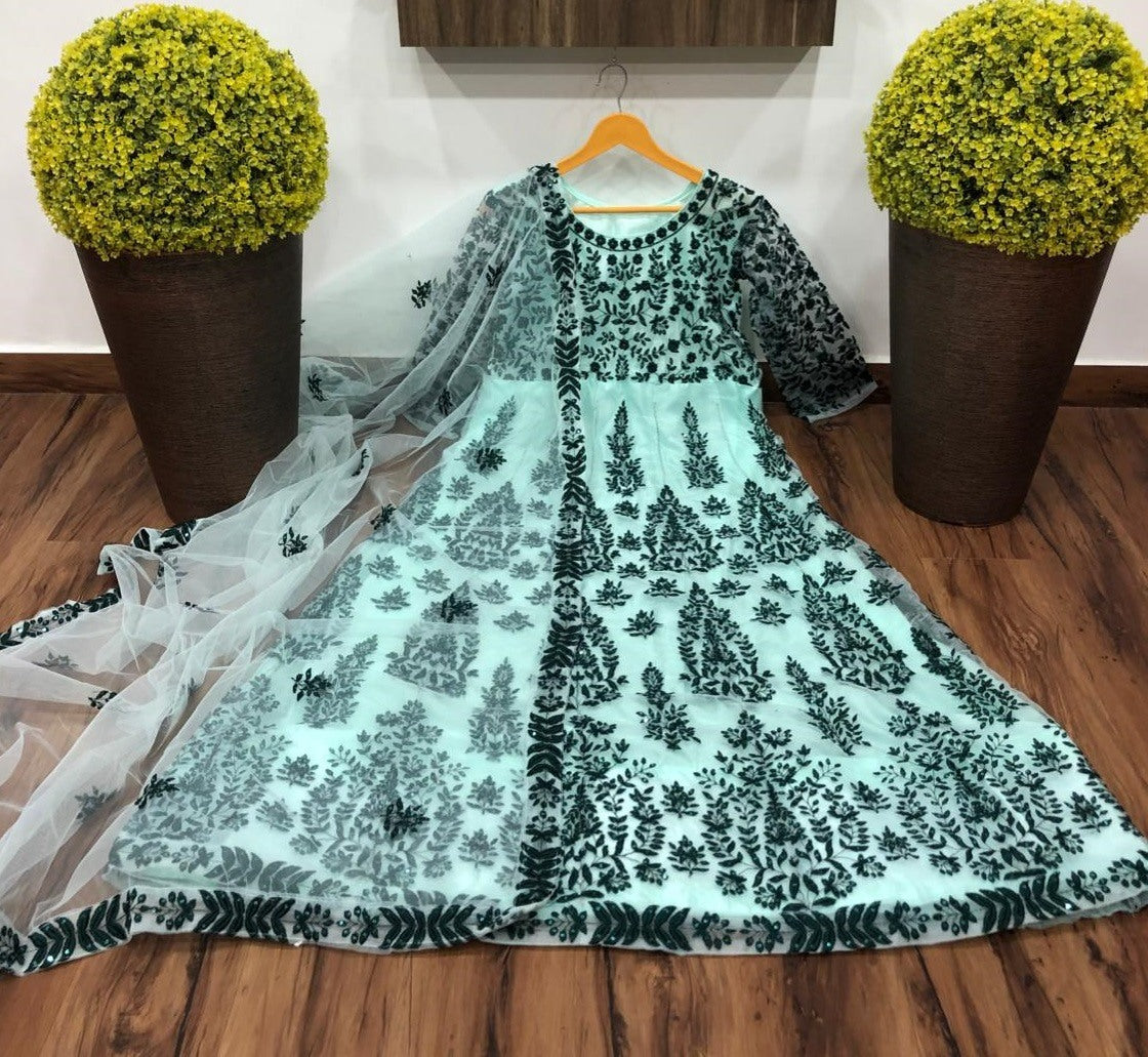 RT net embroidered gown with dupatta
