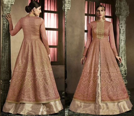 Rust Colored Slub Silk Embroidered Semi Stitched gown
