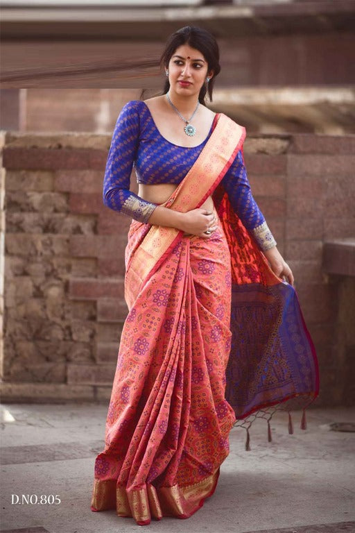 Salmon pink patola silk saree