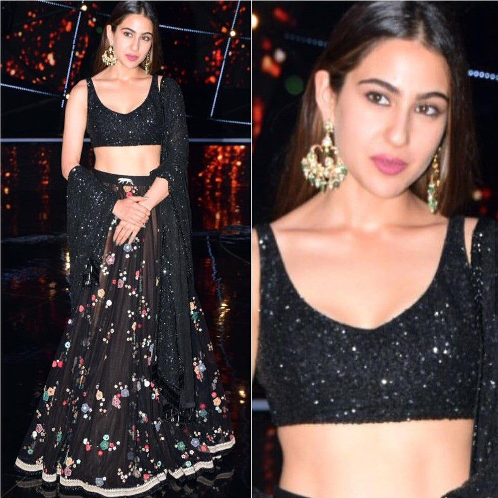 Sara ali khan black multi colored thread worked partywear lehenga choli