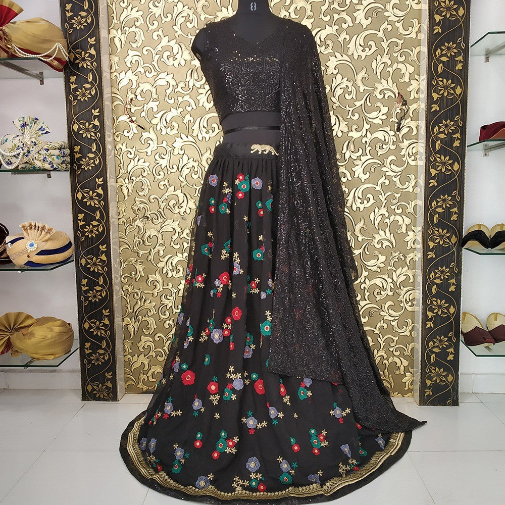 Sara ali khan black multi colored thread worked partywear lehenga choli