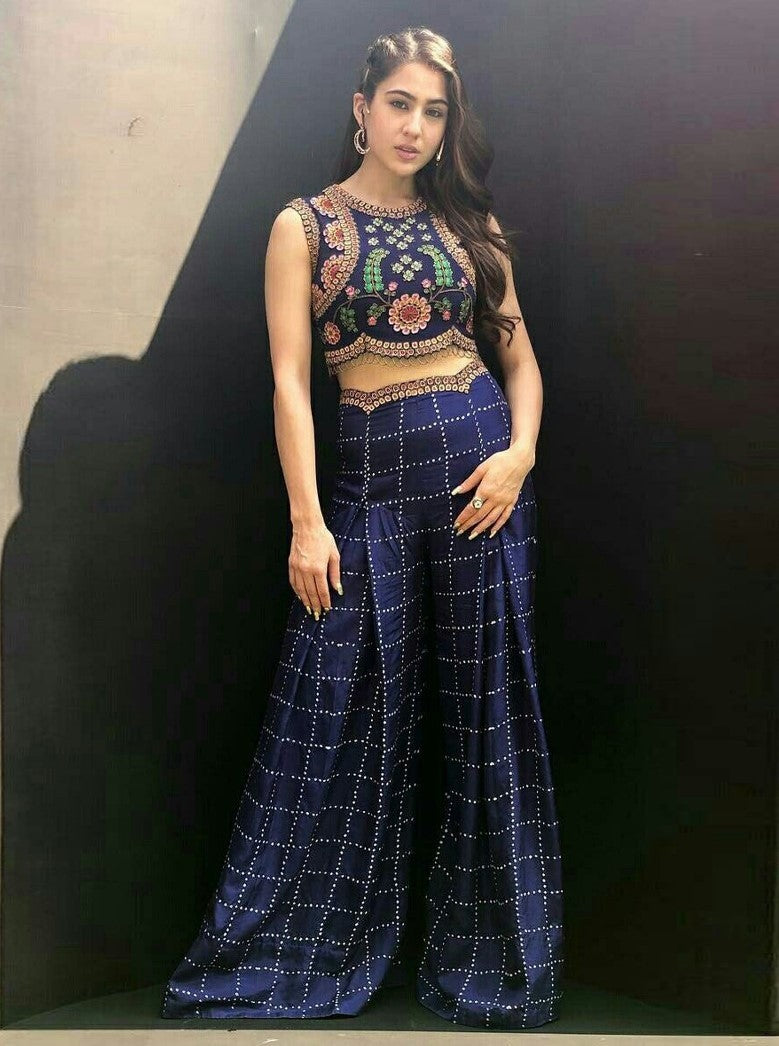 Sara ali khan stylist blue crepe silk embroidered plazzo suit