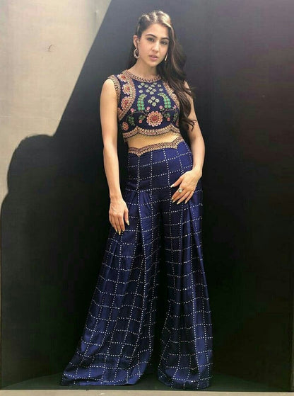Sara ali khan stylist blue crepe silk embroidered plazzo suit
