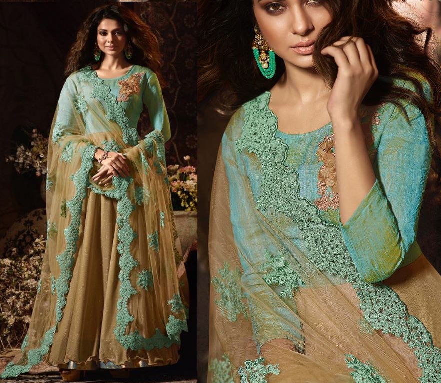 Sea Green & Gold Colored Lycra, Handloom Two tone Yoke Zari & Patch Work Semi Stitched anarkali Suit
