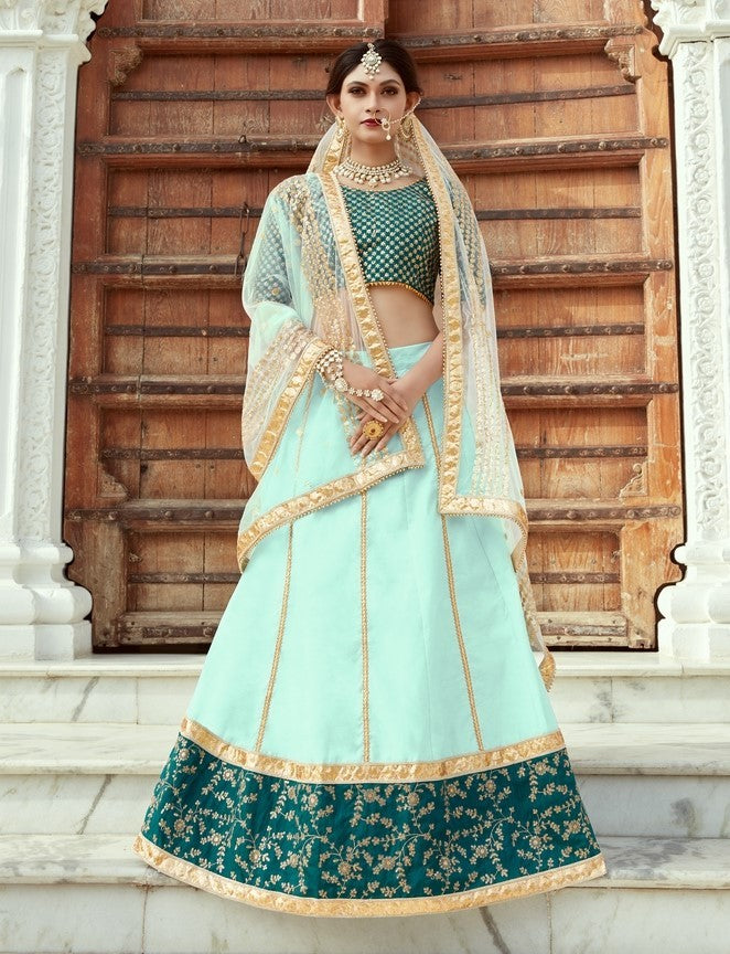 sea green art silk embroidered wedding lehenga