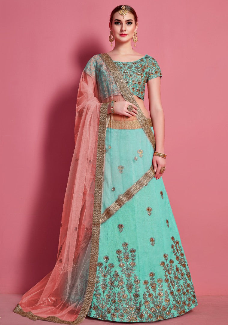 Sea green art silk embroidered work bridal lehenga choli
