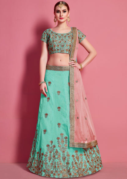 Sea green art silk embroidered work bridal lehenga choli