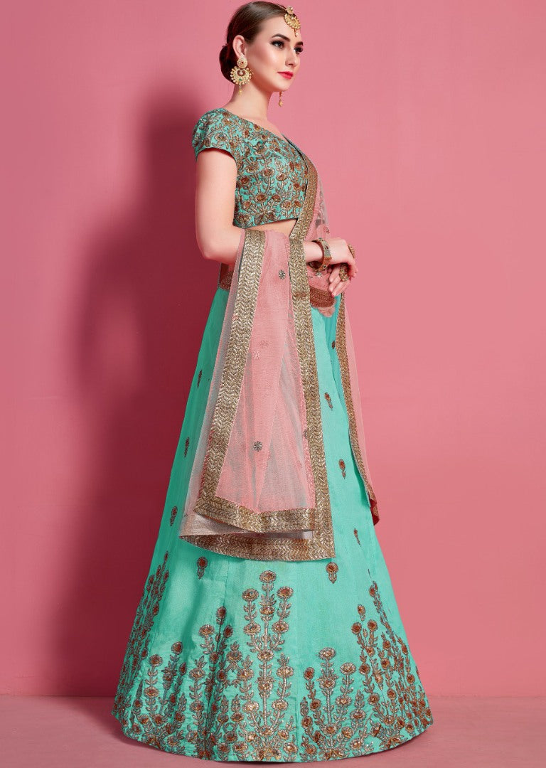 Sea green art silk embroidered work bridal lehenga choli