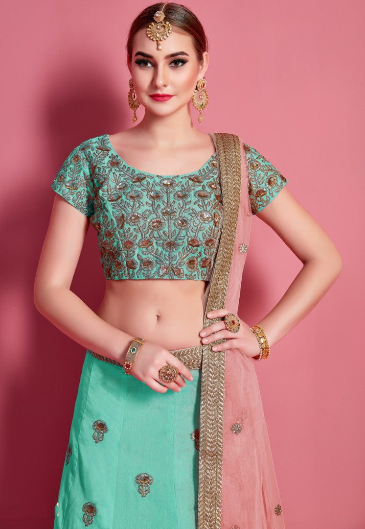 Sea green art silk embroidered work bridal lehenga choli