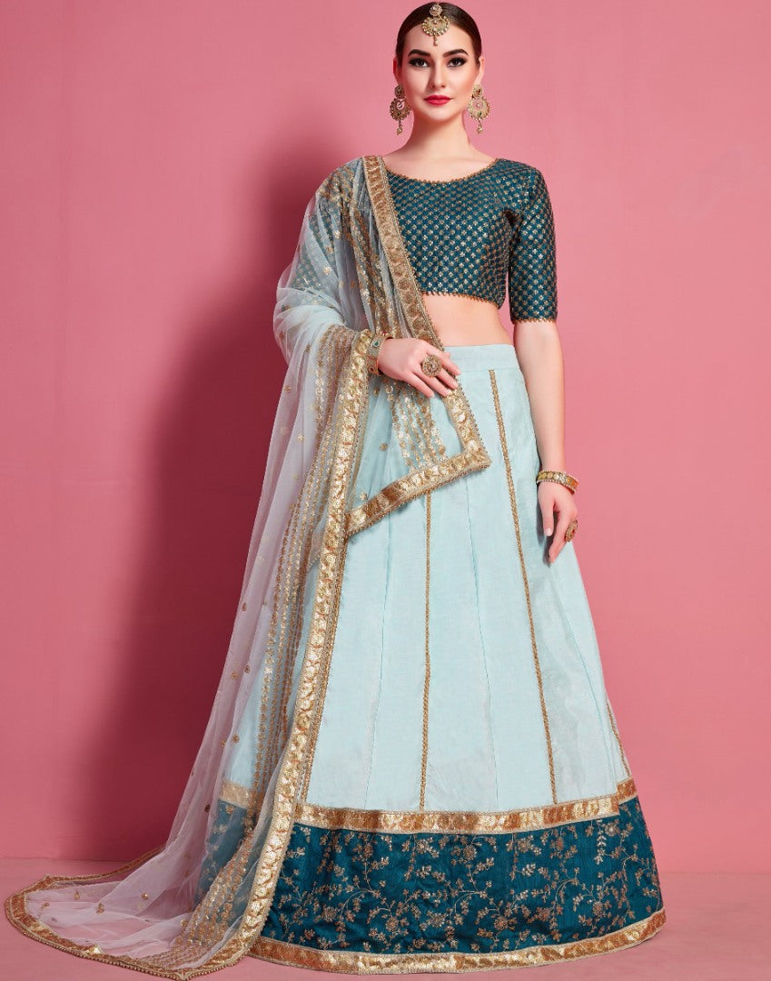Sea green art silk embroidered work party wear lehenga choli