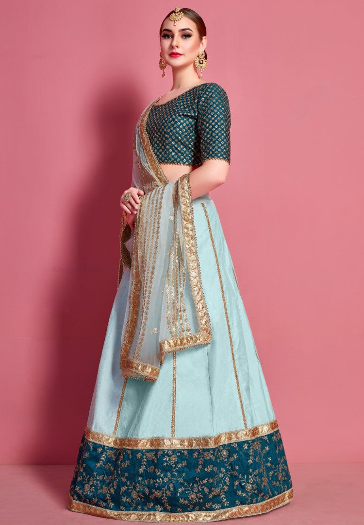 Sea green art silk embroidered work party wear lehenga choli