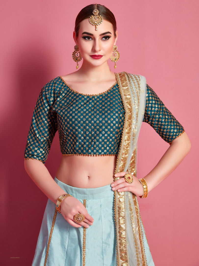 Sea green art silk embroidered work party wear lehenga choli
