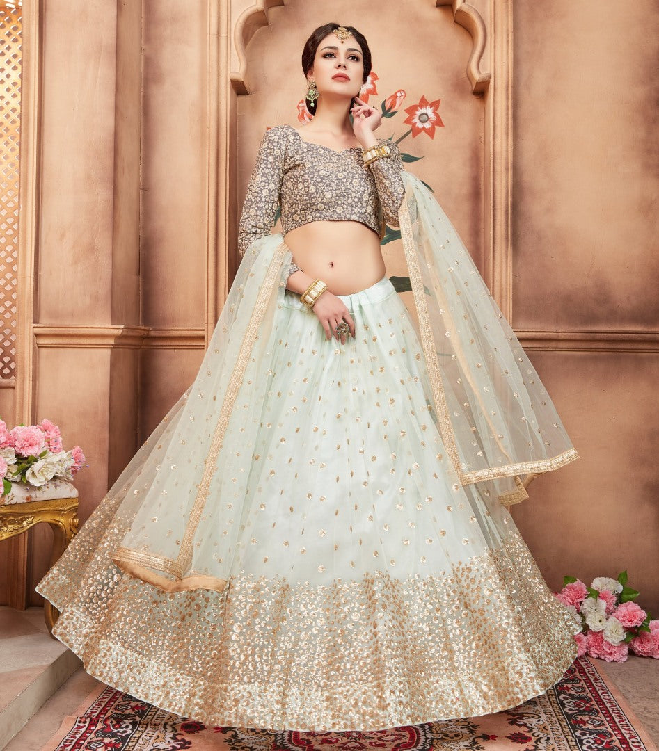 sea green art silk sequence and threadworked wedding lehenga