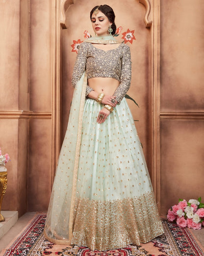 sea green art silk sequence and threadworked wedding lehenga