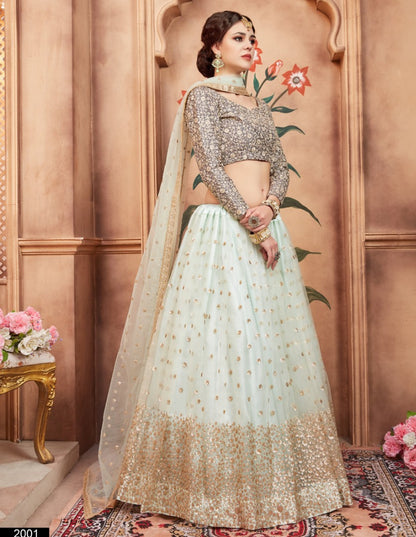 sea green art silk sequence and threadworked wedding lehenga