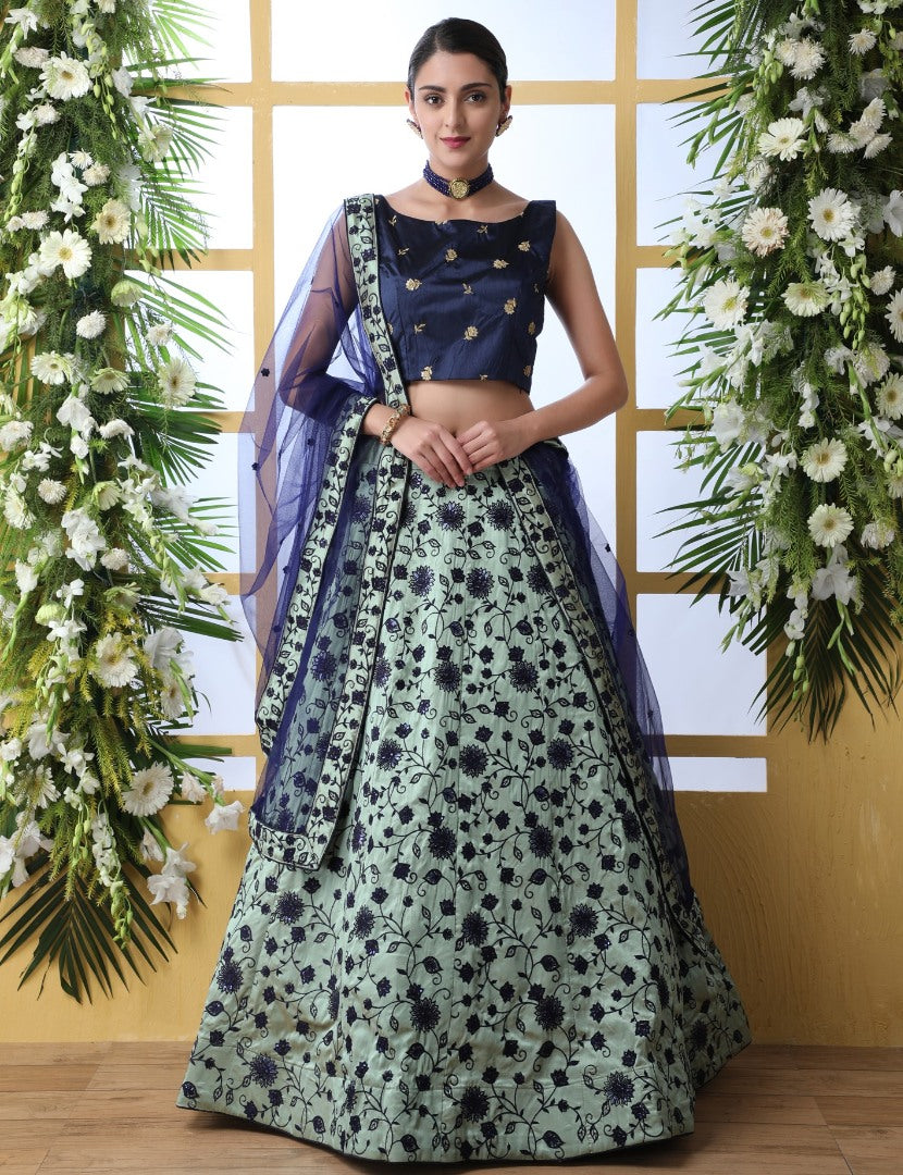 Sea green art silk sequence thread embroidered bridal lehenga choli