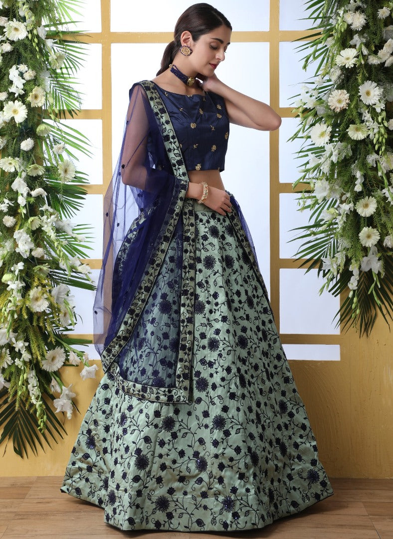 Sea green art silk sequence thread embroidered bridal lehenga choli
