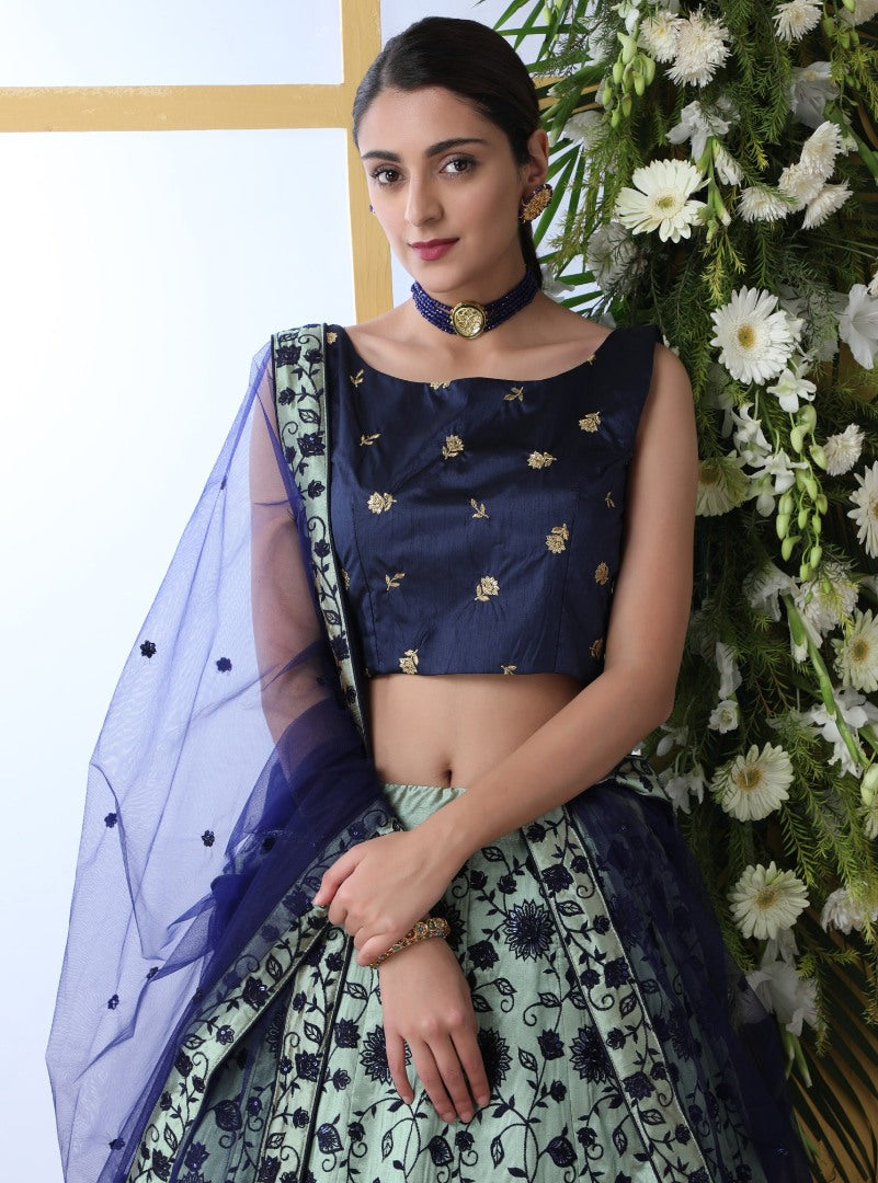 Sea green art silk sequence thread embroidered bridal lehenga choli