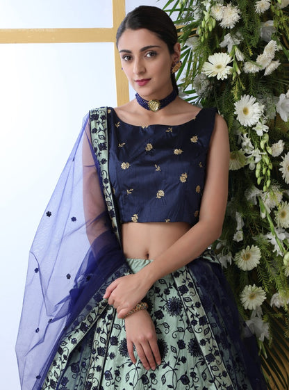 Sea green art silk sequence thread embroidered bridal lehenga choli