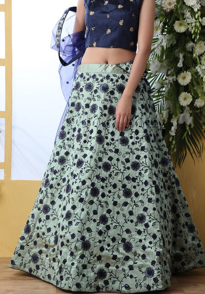 Sea green art silk sequence thread embroidered bridal lehenga choli