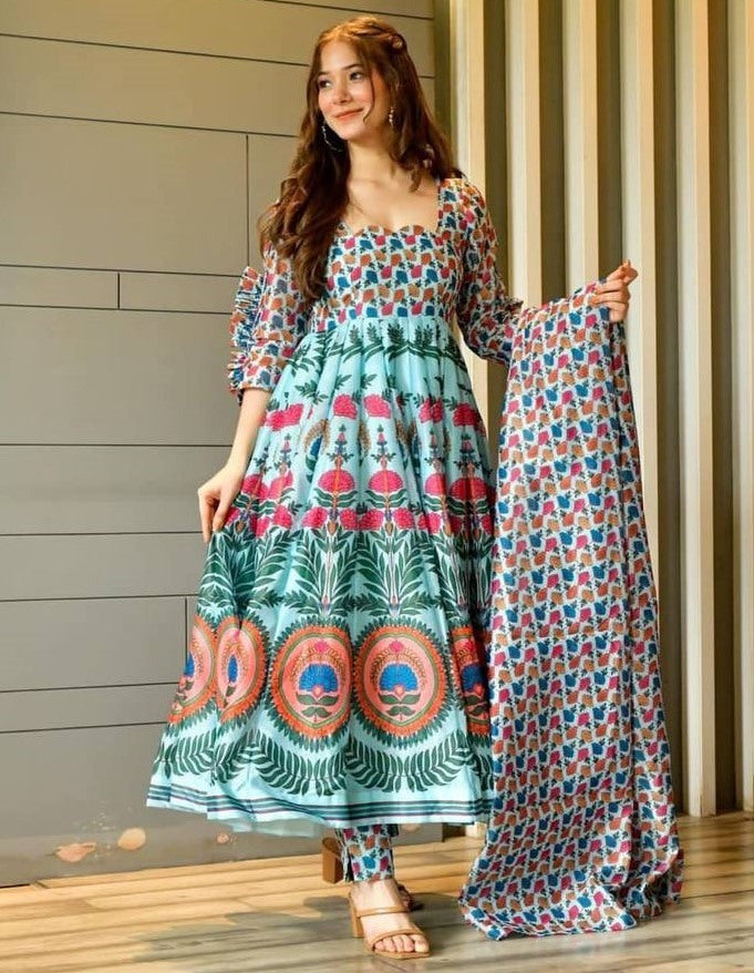 Sea green butter silk digital printed anarkali suit