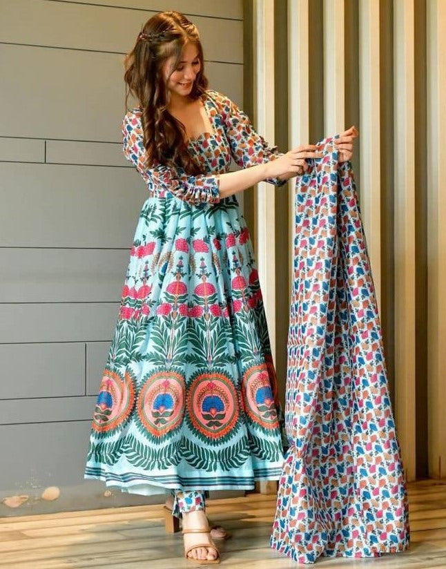 Sea green butter silk digital printed anarkali suit