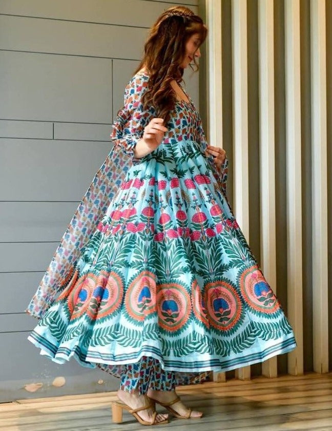 Sea green butter silk digital printed anarkali suit
