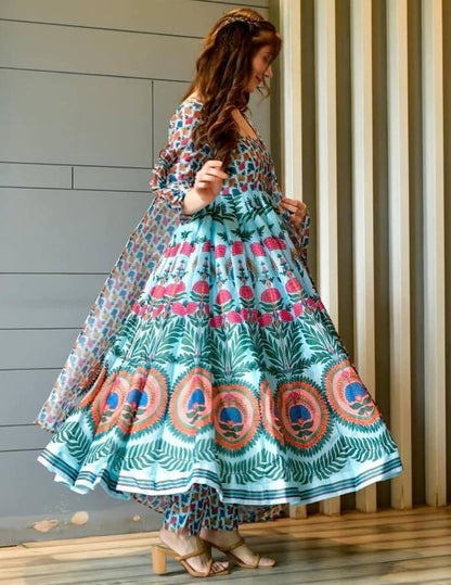 Sea green butter silk digital printed anarkali suit