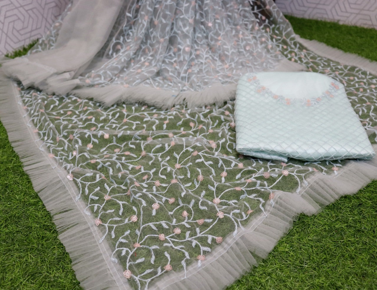 Sea green butterfly mono net fancy thread sequence work saree