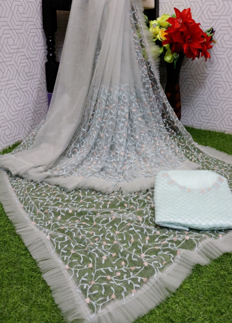 Sea green butterfly mono net fancy thread sequence work saree