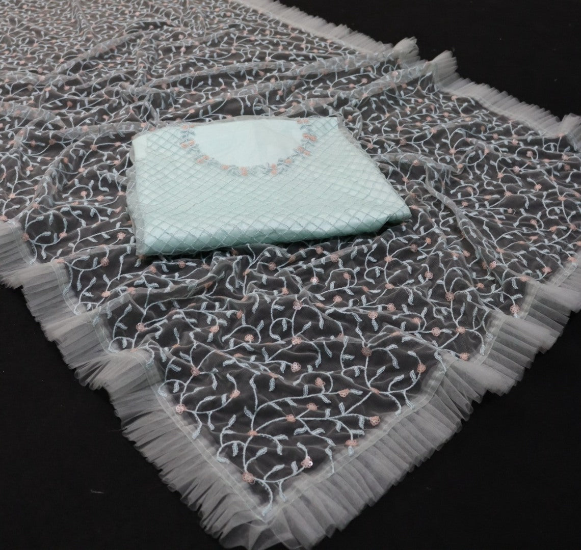 Sea green butterfly mono net fancy thread sequence work saree