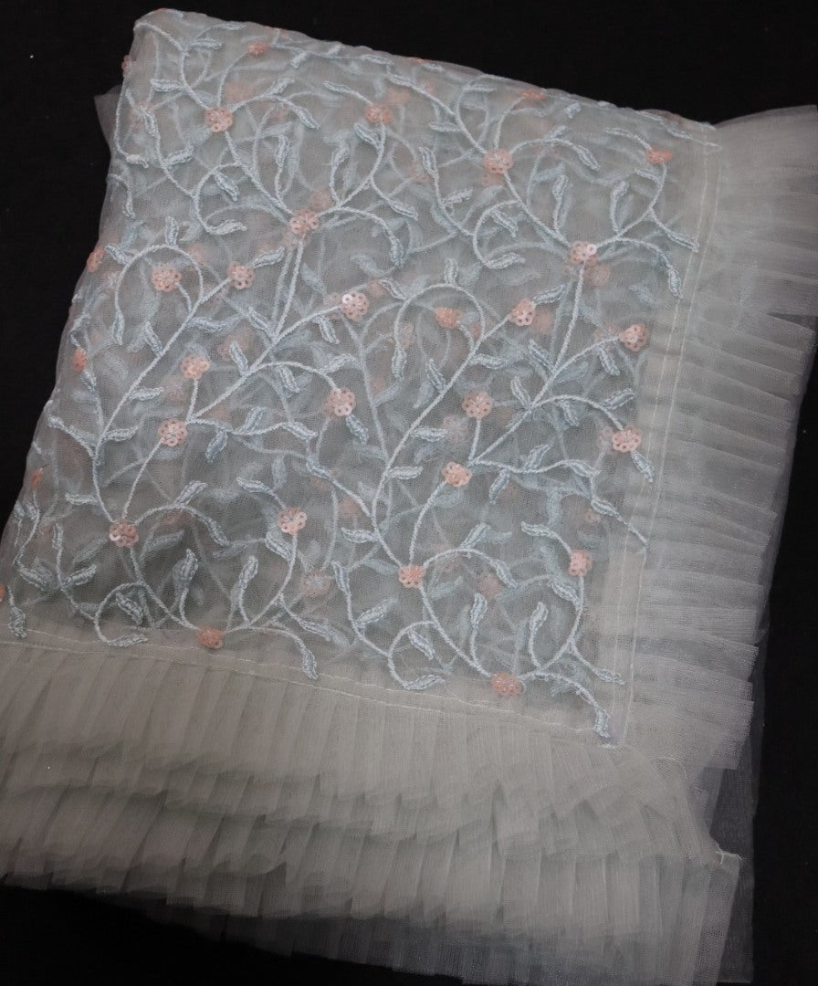 Sea green butterfly mono net fancy thread sequence work saree