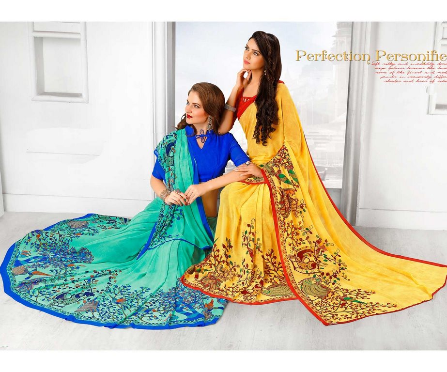 Sea Green Colored Lesar Georgette Digital Printed Saree