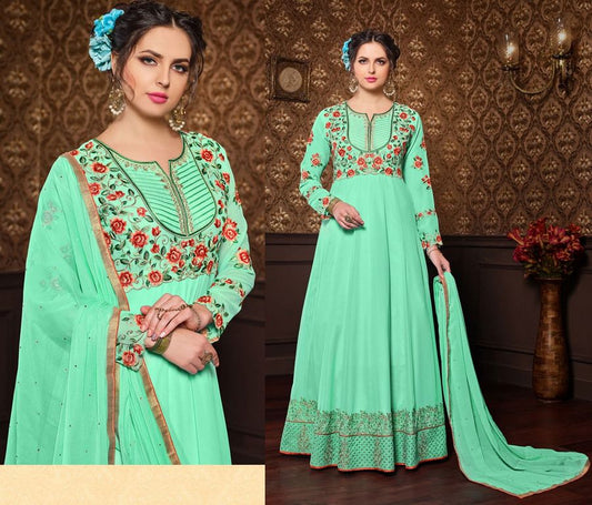 Sea Green Colored Santoon Thread & Jari Embroidery Semi Stitched anarkali suit