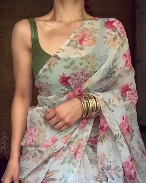 Sea green cotton linen floral printed casual saree