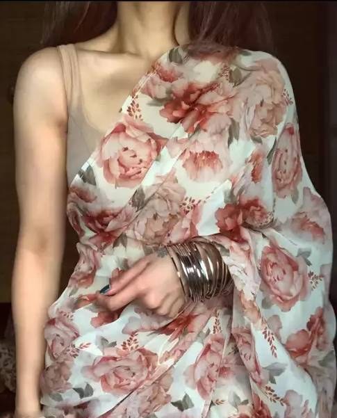 Sea green cotton linen floral printed casual saree
